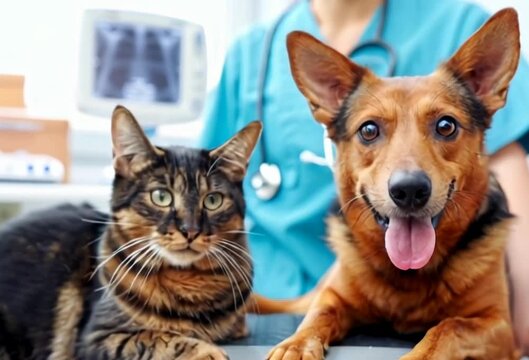 Vets examining cat and dog