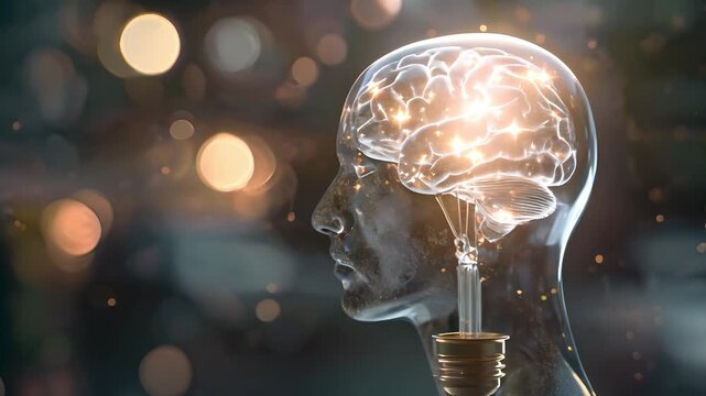 3D illustration of human brain, Human head in the form of lightbulb with brain inside. Artificial intelligence, Cyber robot	