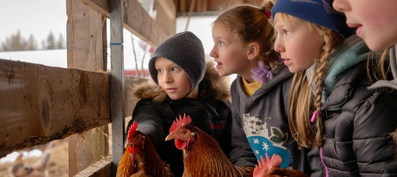 School Children Observing Chickens on Farm Visit for Educational Egg Production Lesson