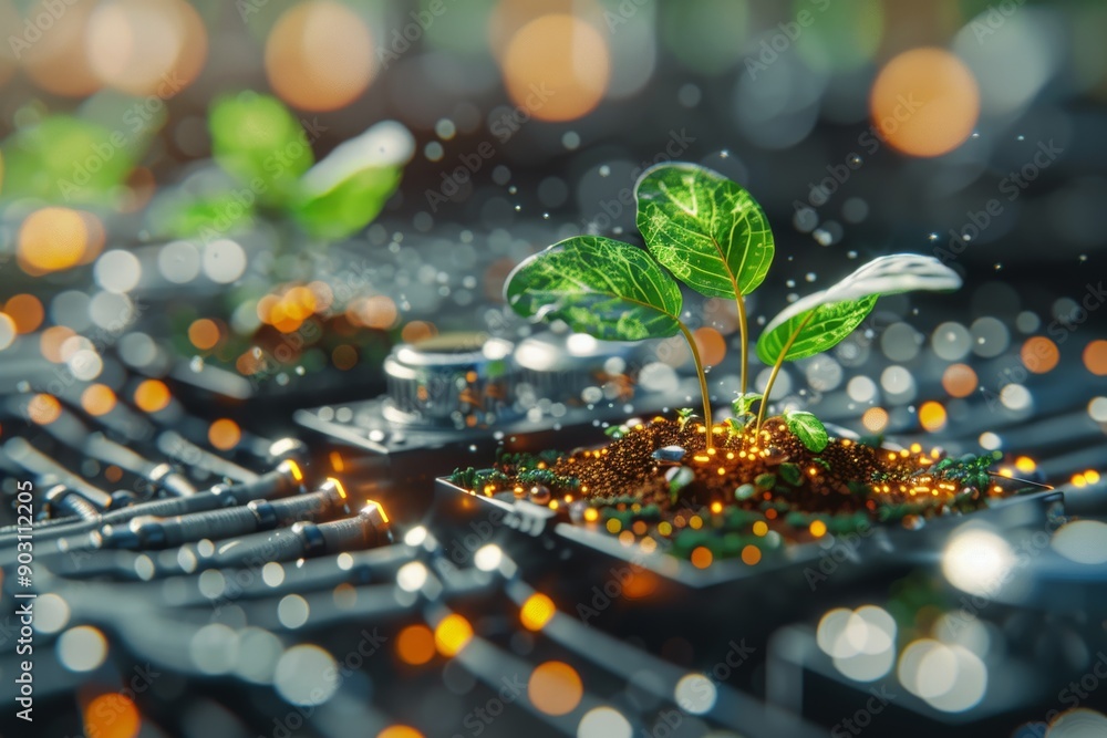 Poster sprouting plant in a high tech environment with digital enhancements symbolizing the synergy between