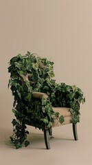 Chair covered in ivy vines, minimalist indoor nature concept