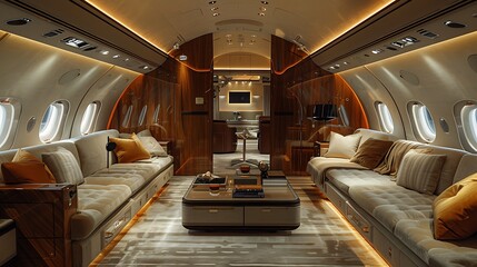 An inviting scene inside a private jet, highlighting a cozy lounge area with plush couches, a stylish coffee table, and mood lighting, exuding a sense of exclusivity and sophisticated comfort --ar 16: