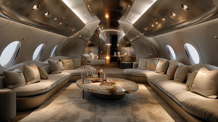 An inviting scene inside a private jet, highlighting a cozy lounge area with plush couches, a stylish coffee table, and mood lighting, exuding a sense of exclusivity and sophisticated comfort --ar 16: