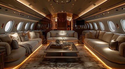 An inviting scene inside a private jet, highlighting a cozy lounge area with plush couches, a stylish coffee table, and mood lighting, exuding a sense of exclusivity and sophisticated comfort --ar 16: