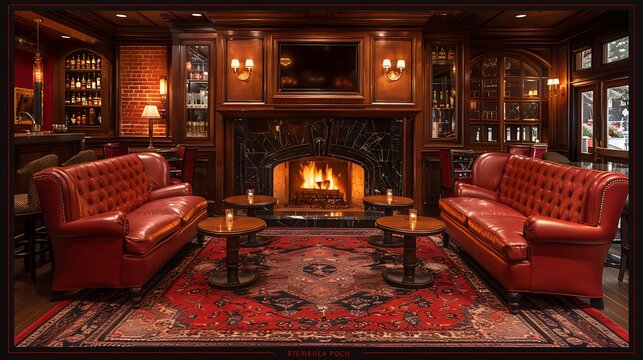 An inviting scene of a boutique hotel bar, showcasing stylish furnishings, unique decor elements, personalized service, and a cozy seating area with a fireplace, creating a warm and luxurious atmosphe