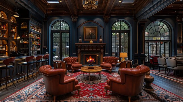 An inviting scene of a boutique hotel bar, showcasing stylish furnishings, unique decor elements, personalized service, and a cozy seating area with a fireplace, creating a warm and luxurious atmosphe