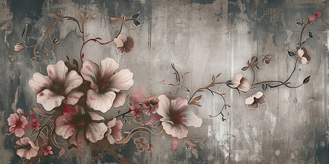 Flower illustration painting on a concrete grunge wall. Loft, modern, classic design. Design for interior projects, wallpaper, photo wallpaper, mural, Generative AI