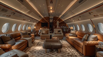 The sophisticated interior of a private jet, featuring spacious, reclining leather seats, a well-equipped bar area, and elegant decor elements like fine art pieces and designer lamps, all under soft, 