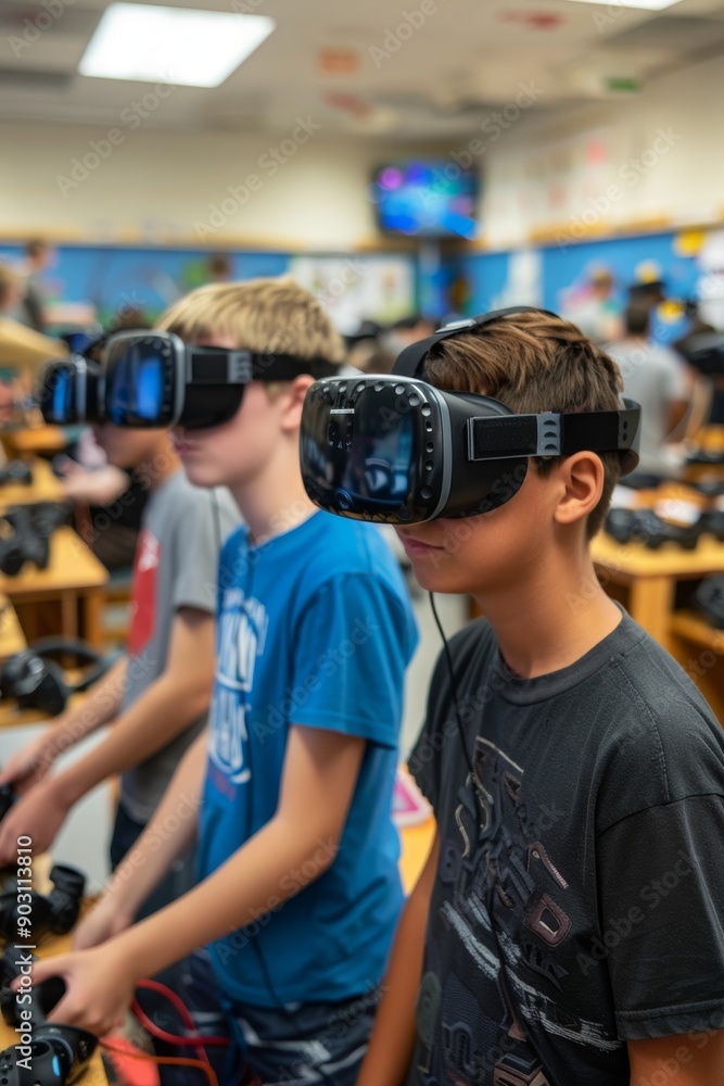 Aufkleber middle school students using vr headsets for virtual robotics competition in a tech classroom