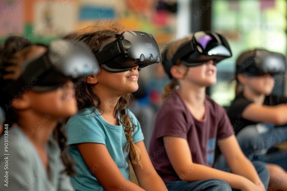 Poster young students exploring virtual reality in a vibrant classroom environment for skill development