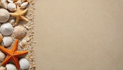 Obraz premium Close-up of orange starfish and an array of seashells on soft sand, evoking the essence of a tranquil beach setting, with space for text