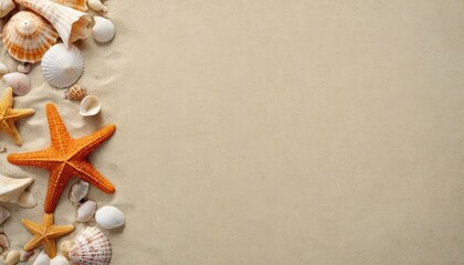 Close-up of orange starfish and an array of seashells on soft sand, evoking the essence of a tranquil beach setting, with space for text