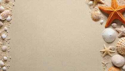 Various sea treasures including orange starfish and diverse shells, neatly displayed on a sandy surface, ideal for a summer or coastal scene, with space for text