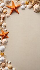 Obraz premium A collection of vibrant starfish and assorted seashells arranged artfully on sandy ground, perfect for a beach-themed backdrop, with space for text