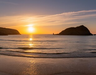 The sun setting between the 2 islands off Holywell Bay, Newquay, Cornwall, UK