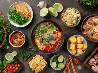 Bun Bo Hue. The most popular Vietnamese dishes. A spicy beef noodle soup from Hue, made with lemongrass, shrimp paste, and various cuts of beef and pork.
