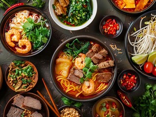 Bun Bo Hue. The most popular Vietnamese dishes. A spicy beef noodle soup from Hue, made with lemongrass, shrimp paste, and various cuts of beef and pork.