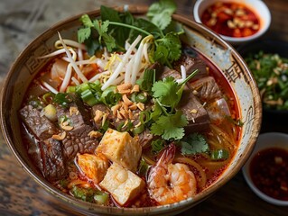 Bun Bo Hue. The most popular Vietnamese dishes. A spicy beef noodle soup from Hue, made with lemongrass, shrimp paste, and various cuts of beef and pork.
