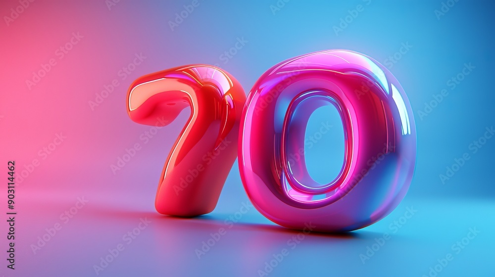Poster glossy red and pink number 70 on gradient background, 3d rendering. vibrant and modern design concep