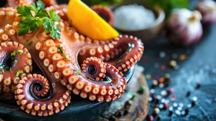 Boiled octopus fresh from the pot Seafood on display Healthy dish Ample space Close up shot