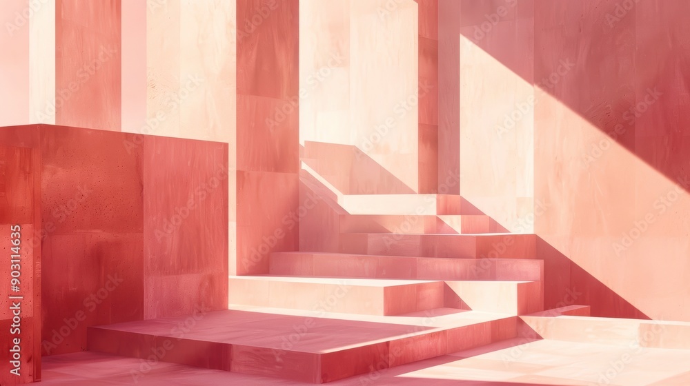 Poster softly lit structures in muted pinks featuring delicate lighting and minimalist architectural design