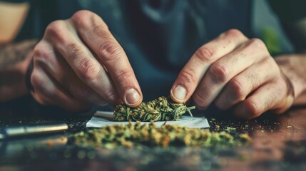 Person rolling a cannabis joint with hands close-up, natural light. Recreational use and relaxation concept