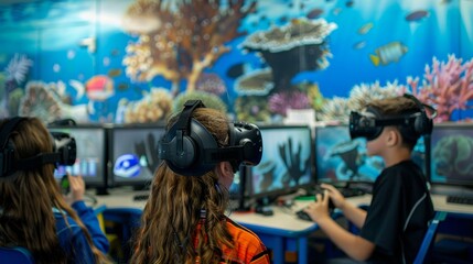 Students Using VR Headsets to Study Marine Ecosystems and Climate Change in Ocean-Themed Classroom