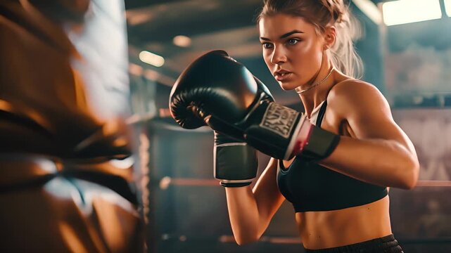 Young female boxer in sports bra and boxing gloves practicing punches on heavy bag during functional training in gym	