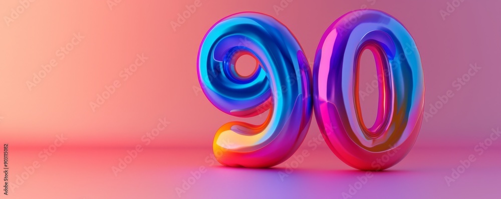 Poster colorful 3d rendering of the number 90 on a gradient background, vibrant and playful concept