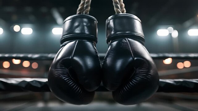 Boxing gloves hanging in boxing ring, Black boxing gloves	
