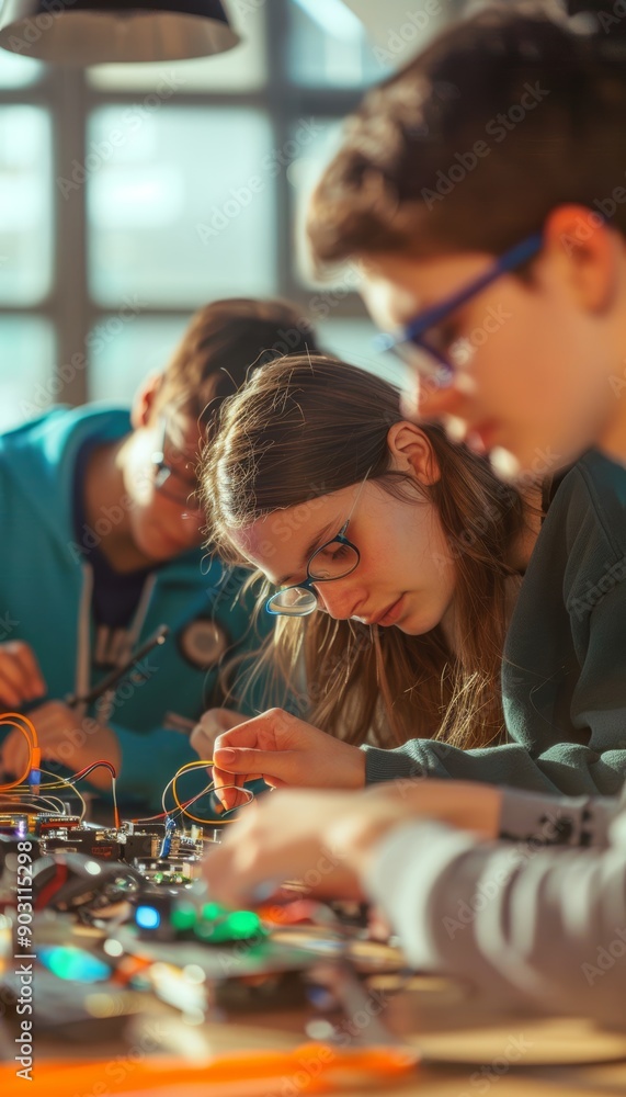 Poster focused students in robotics workshop soldering components and wiring circuits