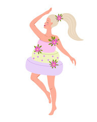 Woman in birthday cake. Happy Birthday. Vector Illustration for backgrounds, covers and packaging. Image can be used for greeting cards, posters, stickers and textile. Isolated on white background.
