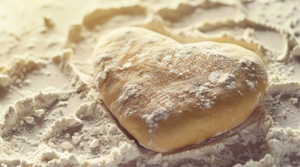 Obraz premium Heart-shaped dough with flour on a wooden surface, close-up. Baking and cooking concept