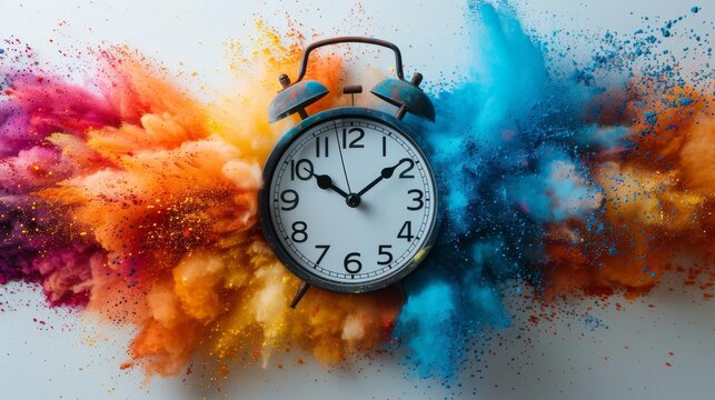 Alarm clock with colorful powder explosion, creative time concept