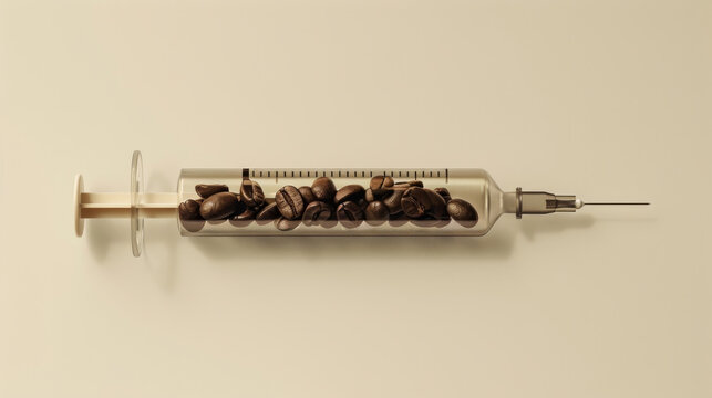 Syringe filled with coffee beans on a beige background, creative caffeine concept