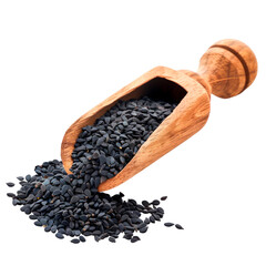 Black cumin seeds in brown wooden. Isolated on transparent background.