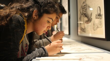 Students Sketching at Science Museum Archaeology Exhibit - Educational Experience for Kids