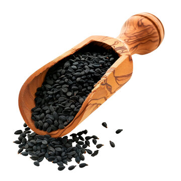 Black cumin seeds in brown wooden. Isolated on transparent background.