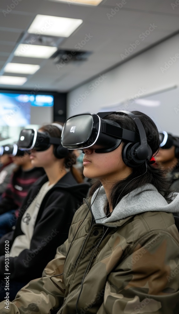 Poster students engaging in interactive virtual debate using vr headsets in modern classroom setting