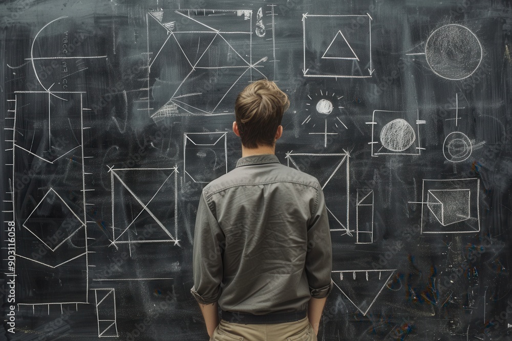 Poster A man standing in front of the blackboard, with arrows drawn on it and different shapes like squares, triangles or circles arranged around him to form an organized structure. 