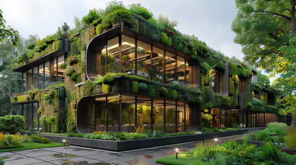 Fototapeta premium Eco-friendly architecture seamlessly integrated with nature, creating a serene and engaging atmosphere of sustainability and harmony.