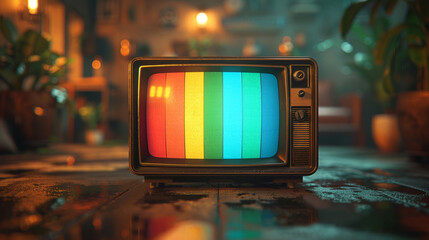 Vintage television with color bars in cozy room, nostalgic atmosphere