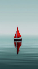 Red sailboat on a calm sea with reflection, serene waterscape. Tranquil and peaceful sailing concept