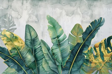 Big banana leaves. Grunge photo wallpaper with golden abstract elements on concrete background. Illustration for wallpaper, fresco, mural, Generative AI