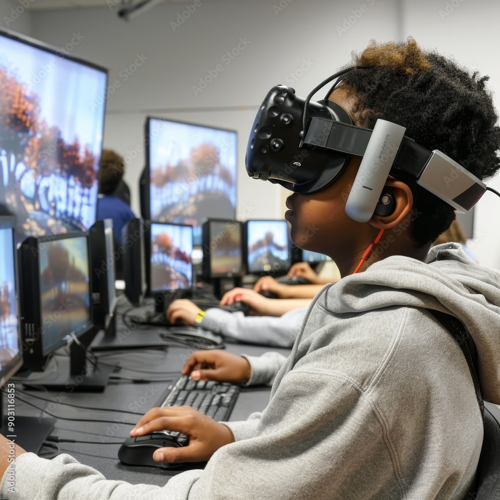 Poster virtual field trips for education: students using vr headsets in classroom setting