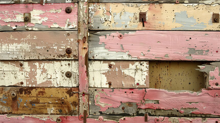 Weather-worn wooden planks from an abandoned shed are covered in layers of faded pink, beige, and brown paint. Rusty nails poke out from the planks.