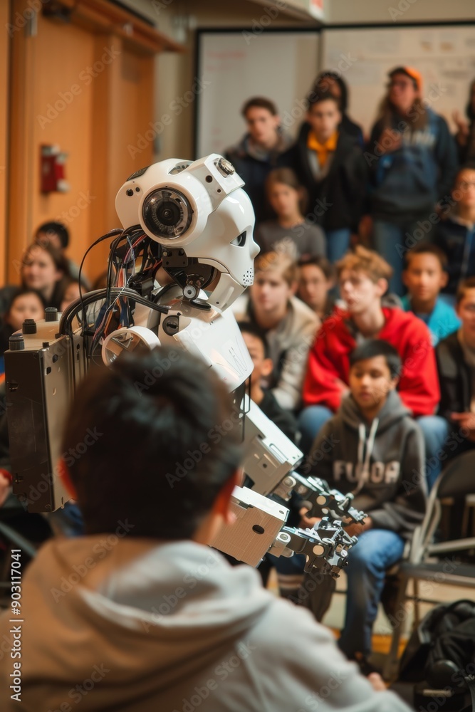 Poster students demonstrating advanced robot technology to enthusiastic audience in educational setting