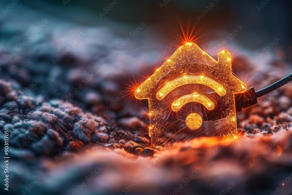 Aufkleber glowing house shaped icon with a wi fi symbol representing smart home technology and wireless connec