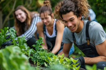 Group of friends gardening together. Generative AI