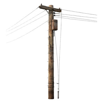 A detailed image of an old wooden electric pole with wires showcasing rustic features and utility in a rural setting.